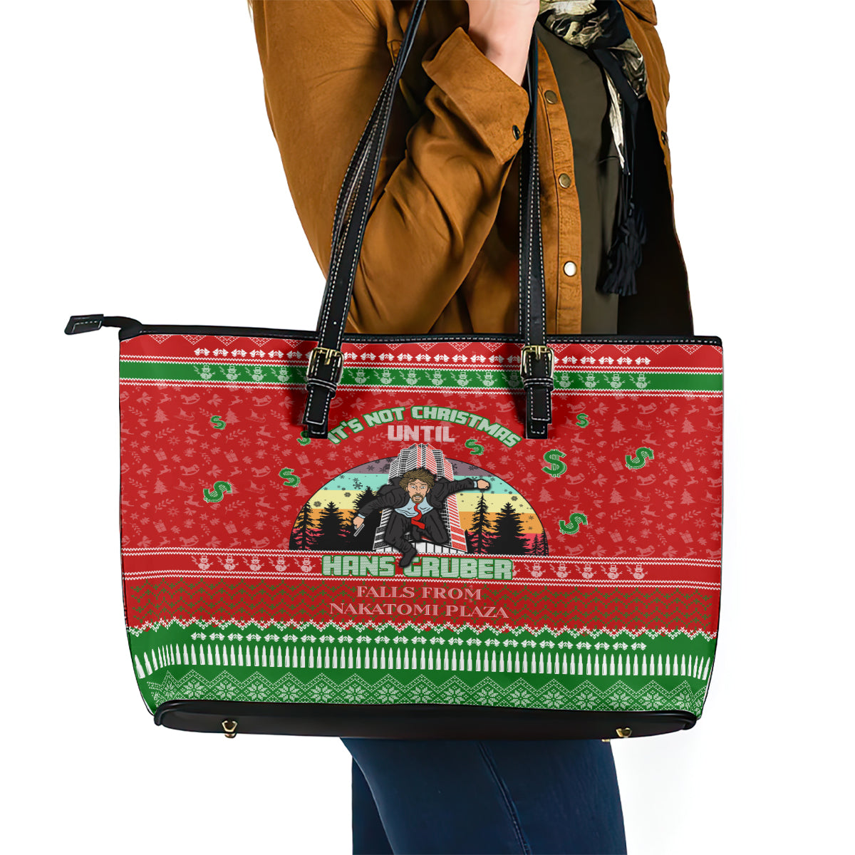 It's Not Christmas Unil Hans Gruber Falls From Nakatomi Plaza Leather Tote Bag Xmas Eve 1988 DT02