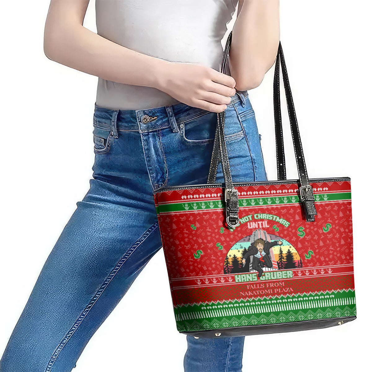 It's Not Christmas Unil Hans Gruber Falls From Nakatomi Plaza Leather Tote Bag Xmas Eve 1988 DT02