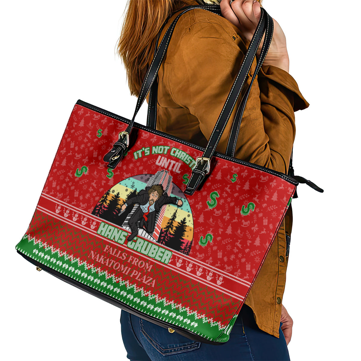 It's Not Christmas Unil Hans Gruber Falls From Nakatomi Plaza Leather Tote Bag Xmas Eve 1988 DT02