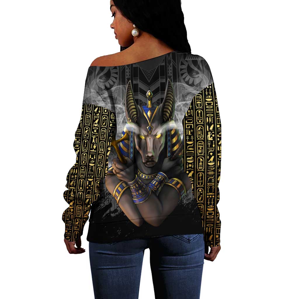 Anubis Off Shoulder Sweater Egypt Pattern Black DT02