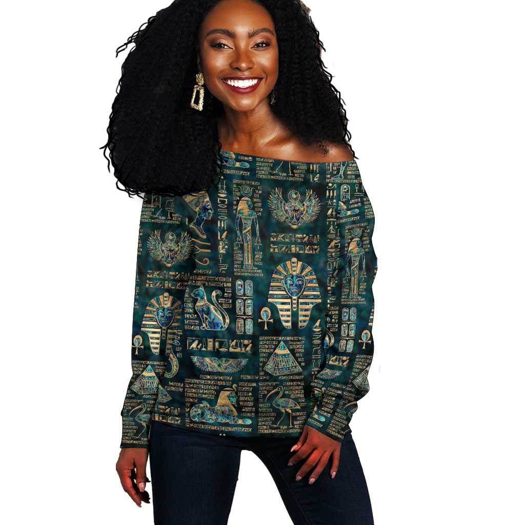 Egyptian Hieroglyphs And Deities Off Shoulder Sweater DT02