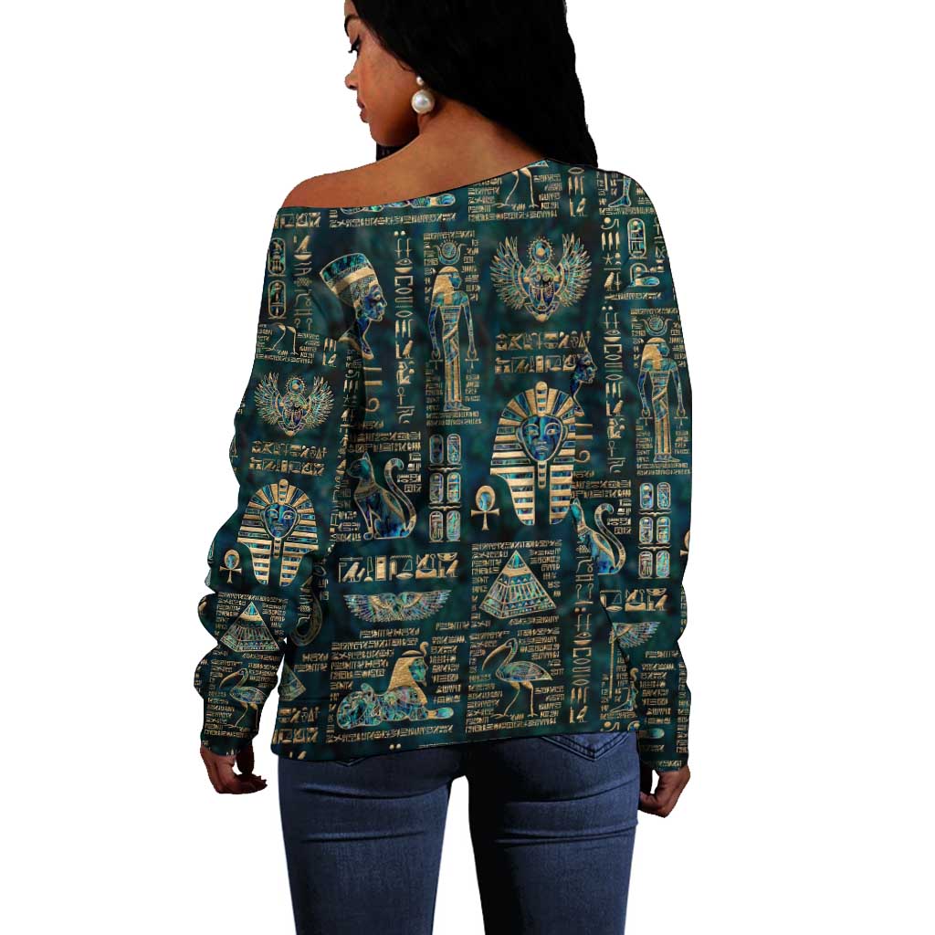 Egyptian Hieroglyphs And Deities Off Shoulder Sweater DT02