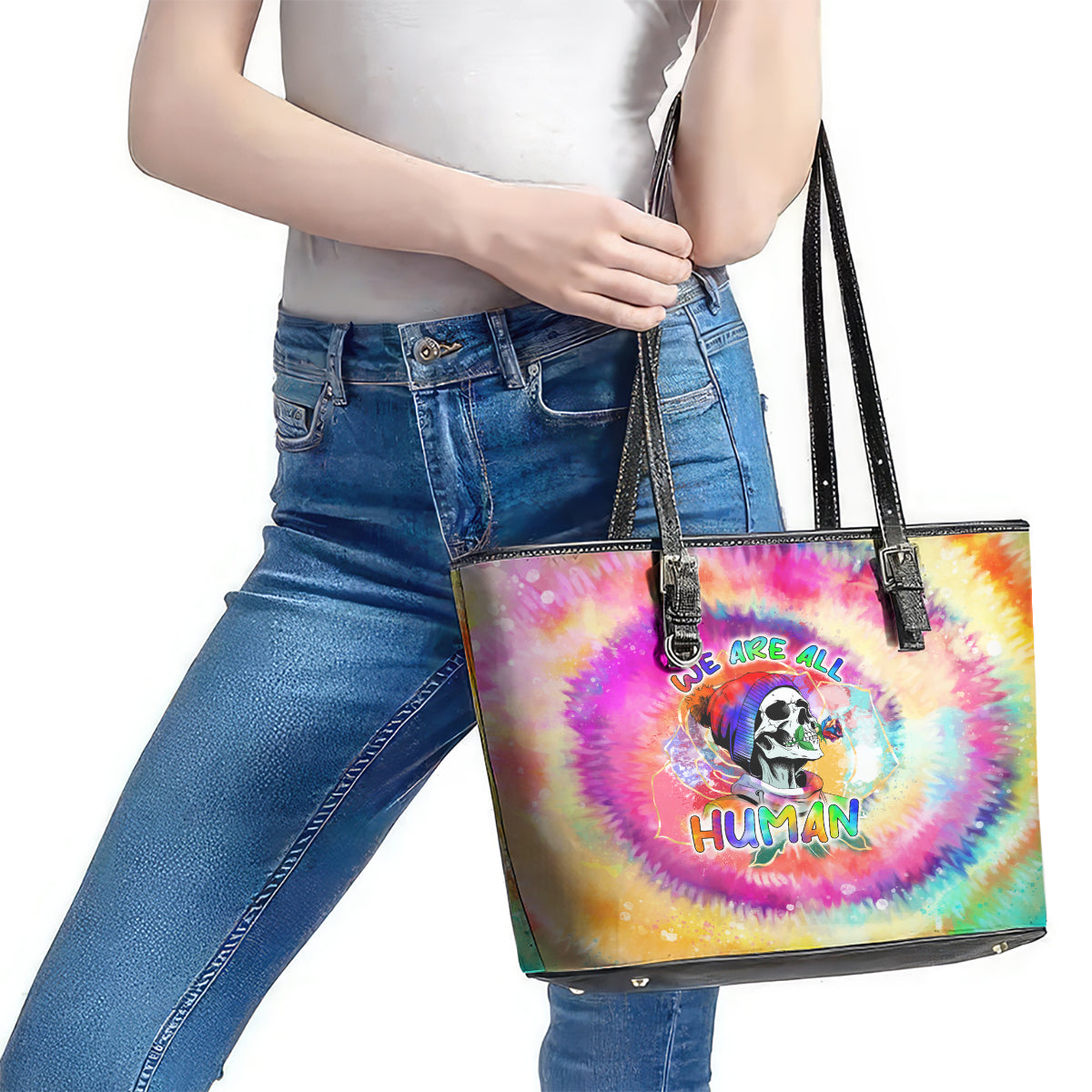We Are All Human LGBT Leather Tote Bag Skull Tie Dye DT02