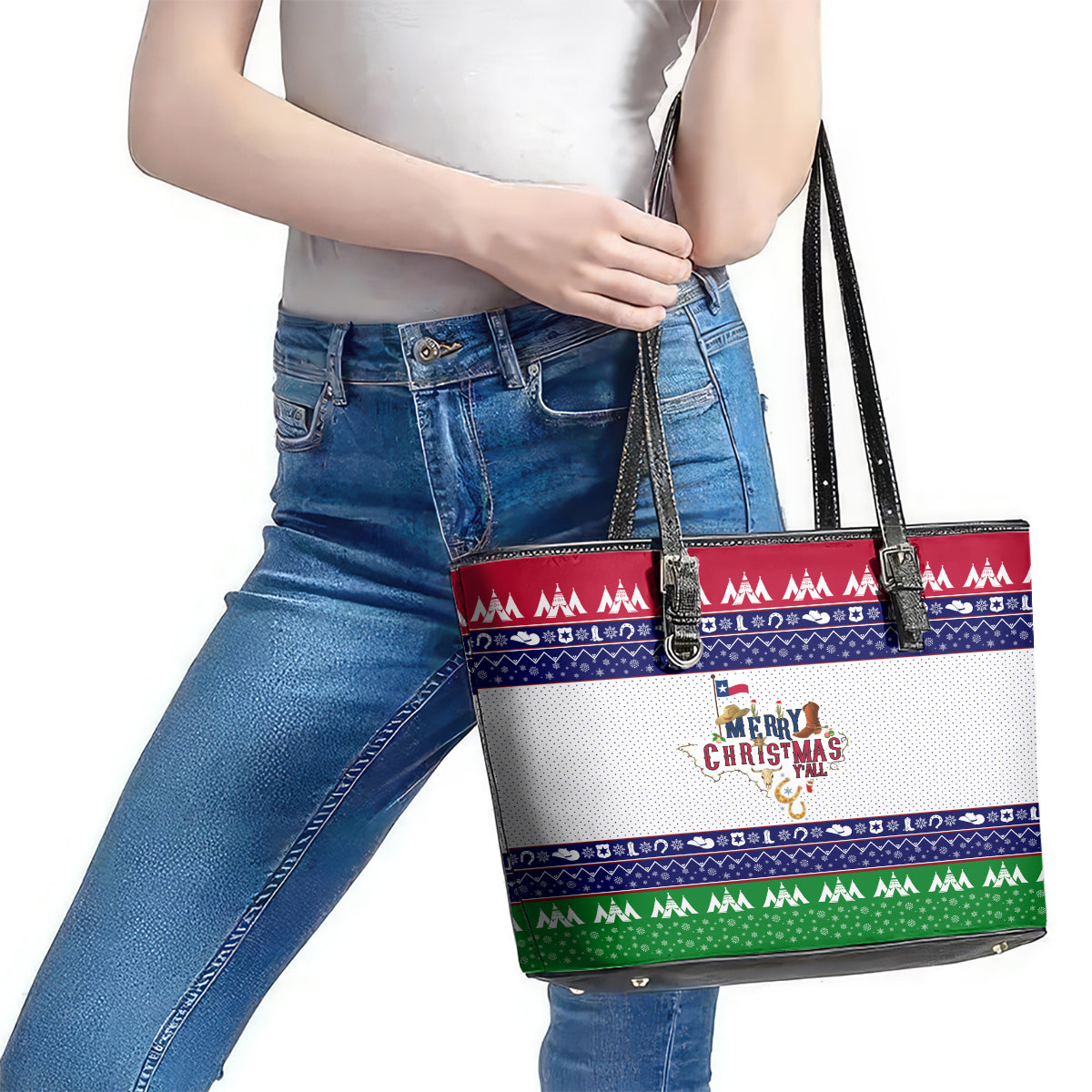 Merry Christmas Yall Texas Leather Tote Bag DT02