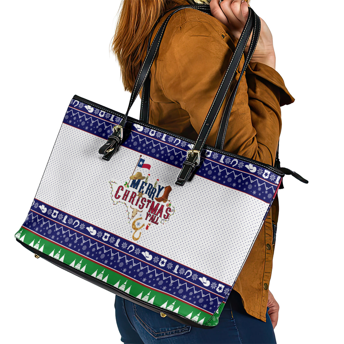 Merry Christmas Yall Texas Leather Tote Bag DT02