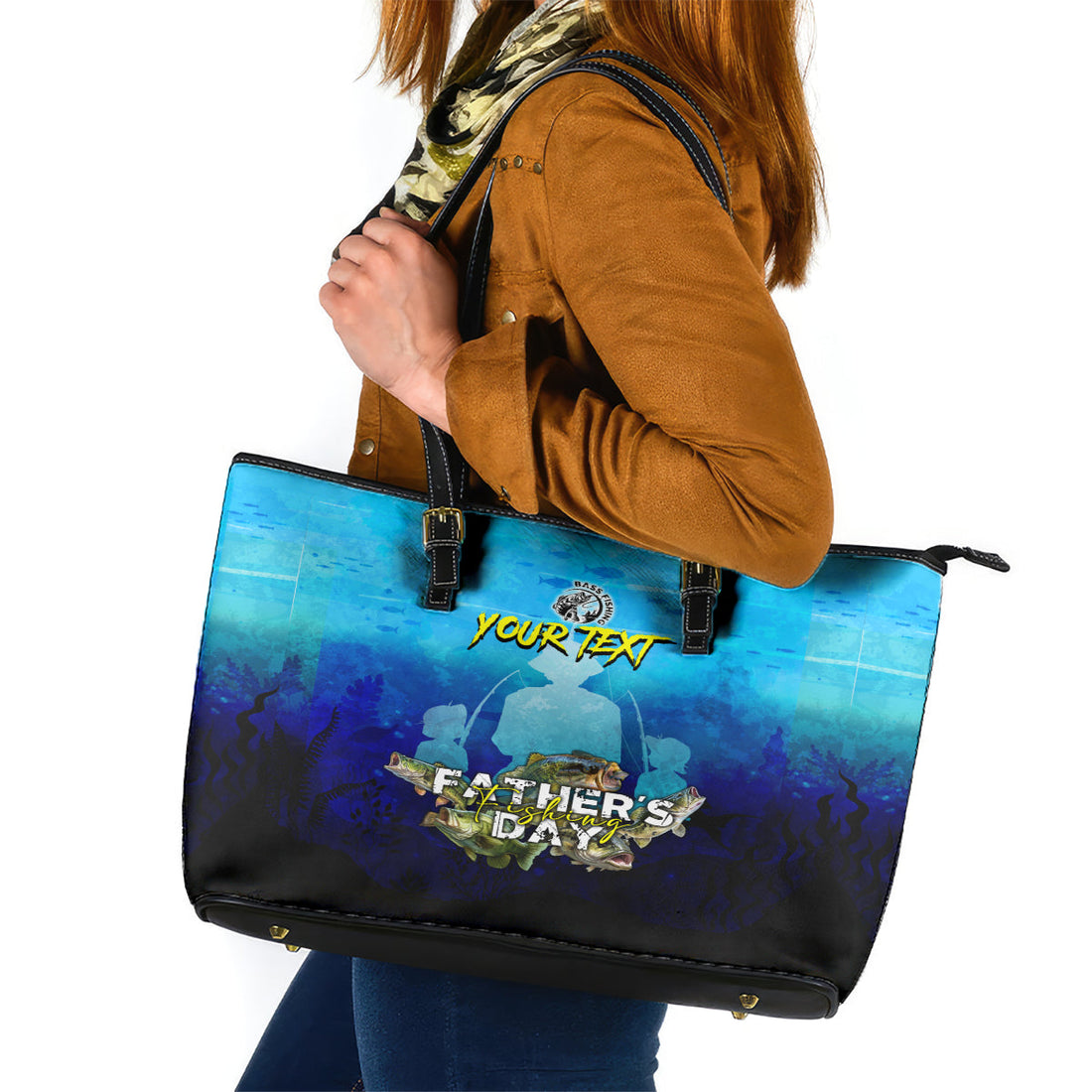 Personalized Father's Day Bass Fishing Leather Tote Bag Son and Daughter DT02