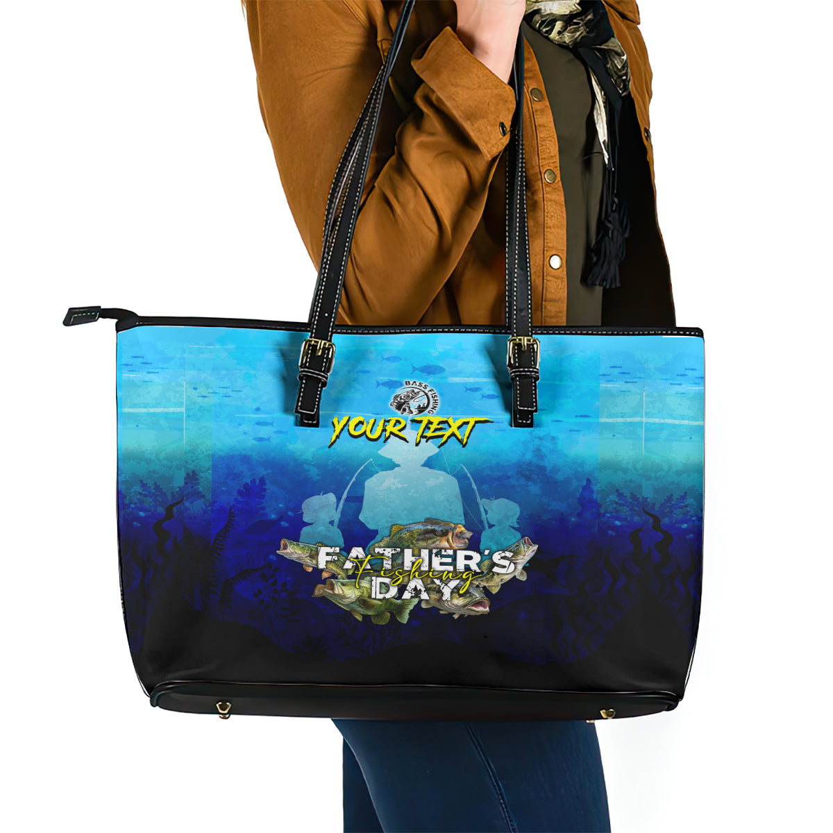 Personalized Father's Day Bass Fishing Leather Tote Bag Son and Daughter DT02