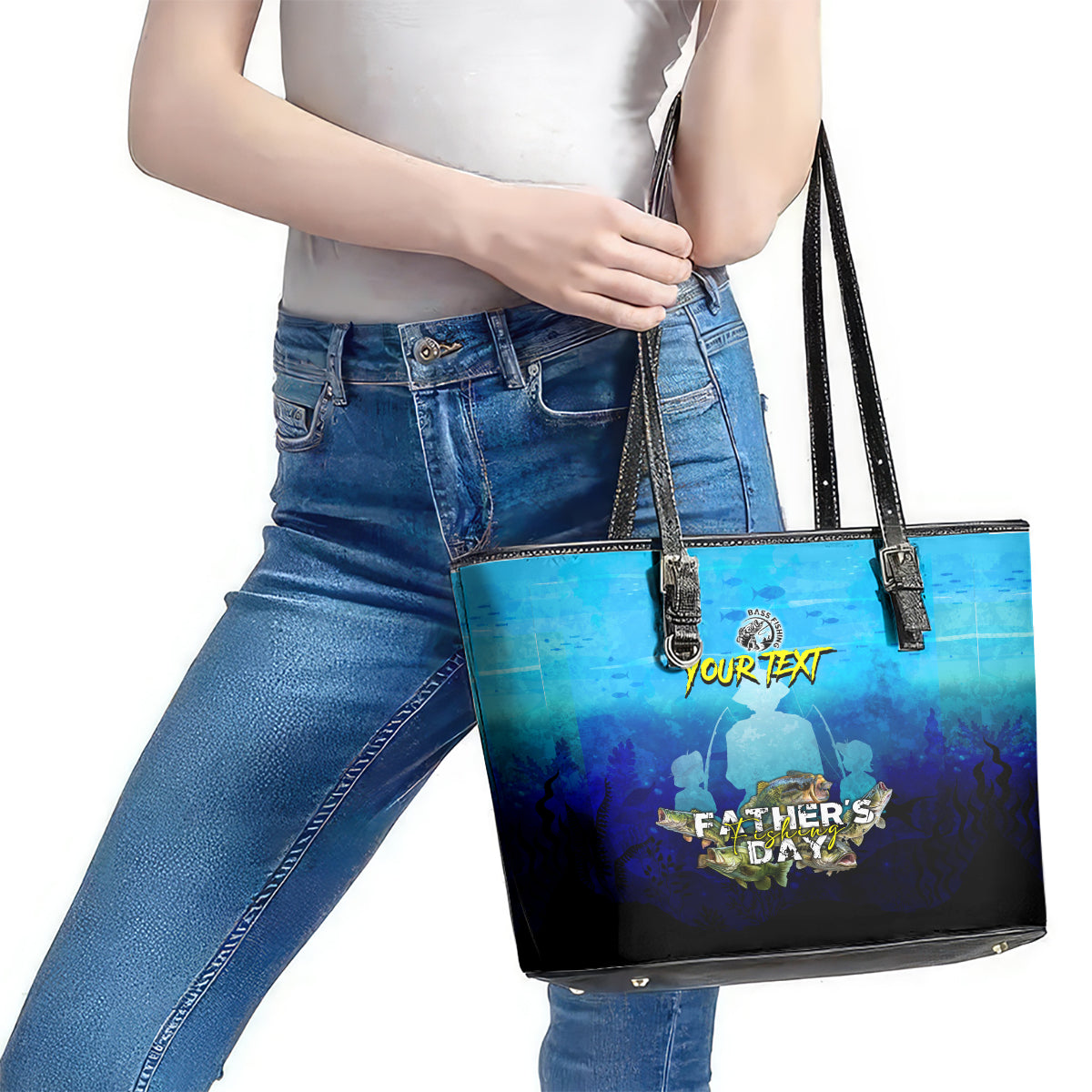 Personalized Father's Day Bass Fishing Leather Tote Bag Son and Daughter DT02