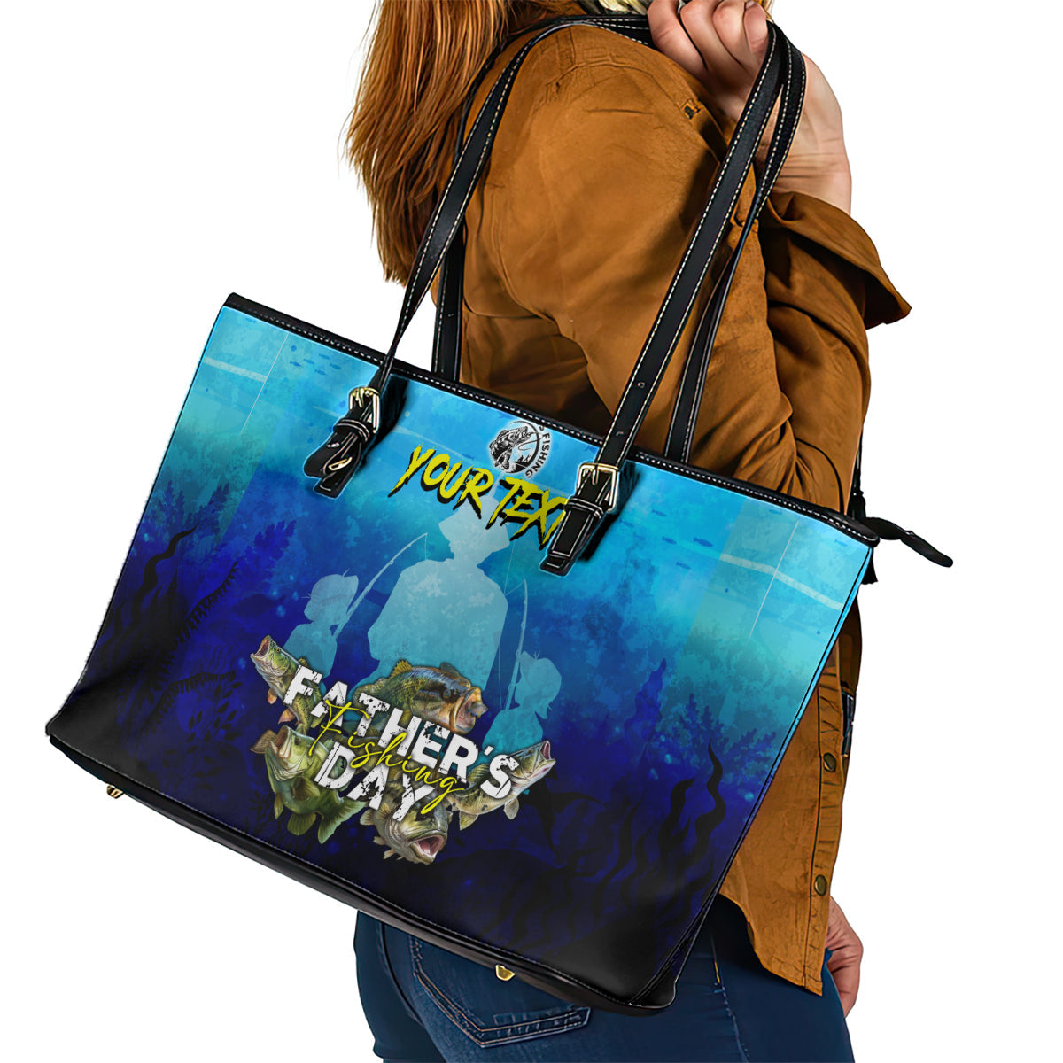 Personalized Father's Day Bass Fishing Leather Tote Bag Son and Daughter DT02