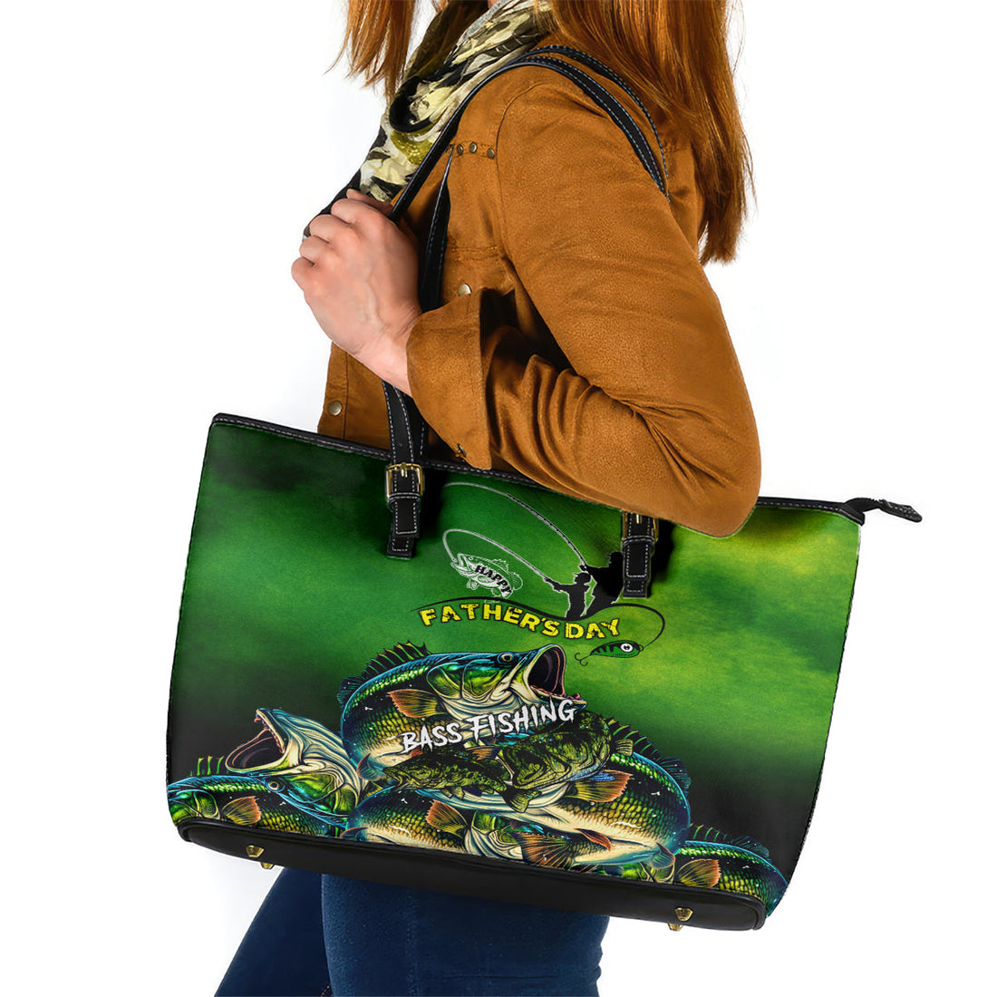 Father's Day Bass Fishing Leather Tote Bag Best Dad Ever DT02