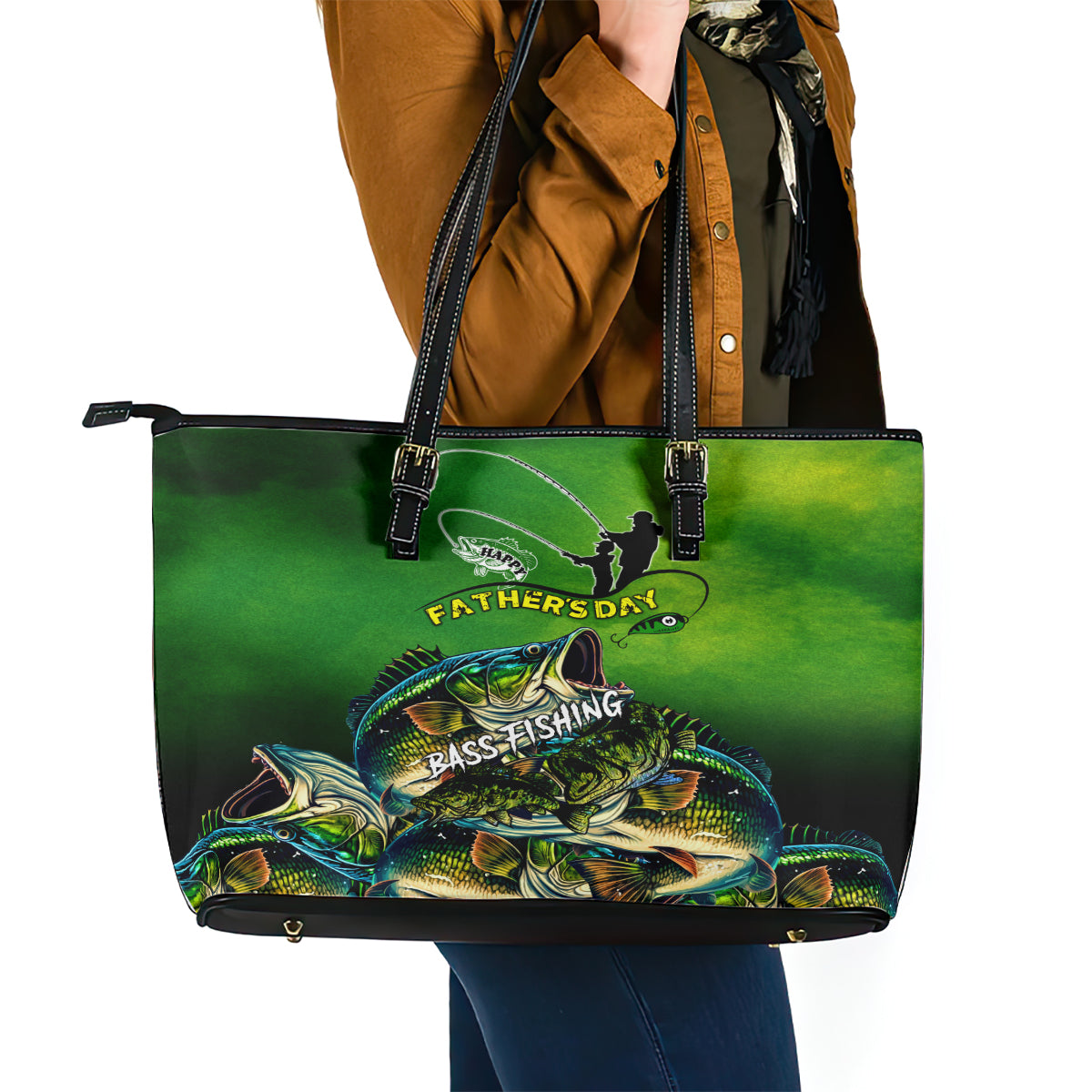 Father's Day Bass Fishing Leather Tote Bag Best Dad Ever DT02