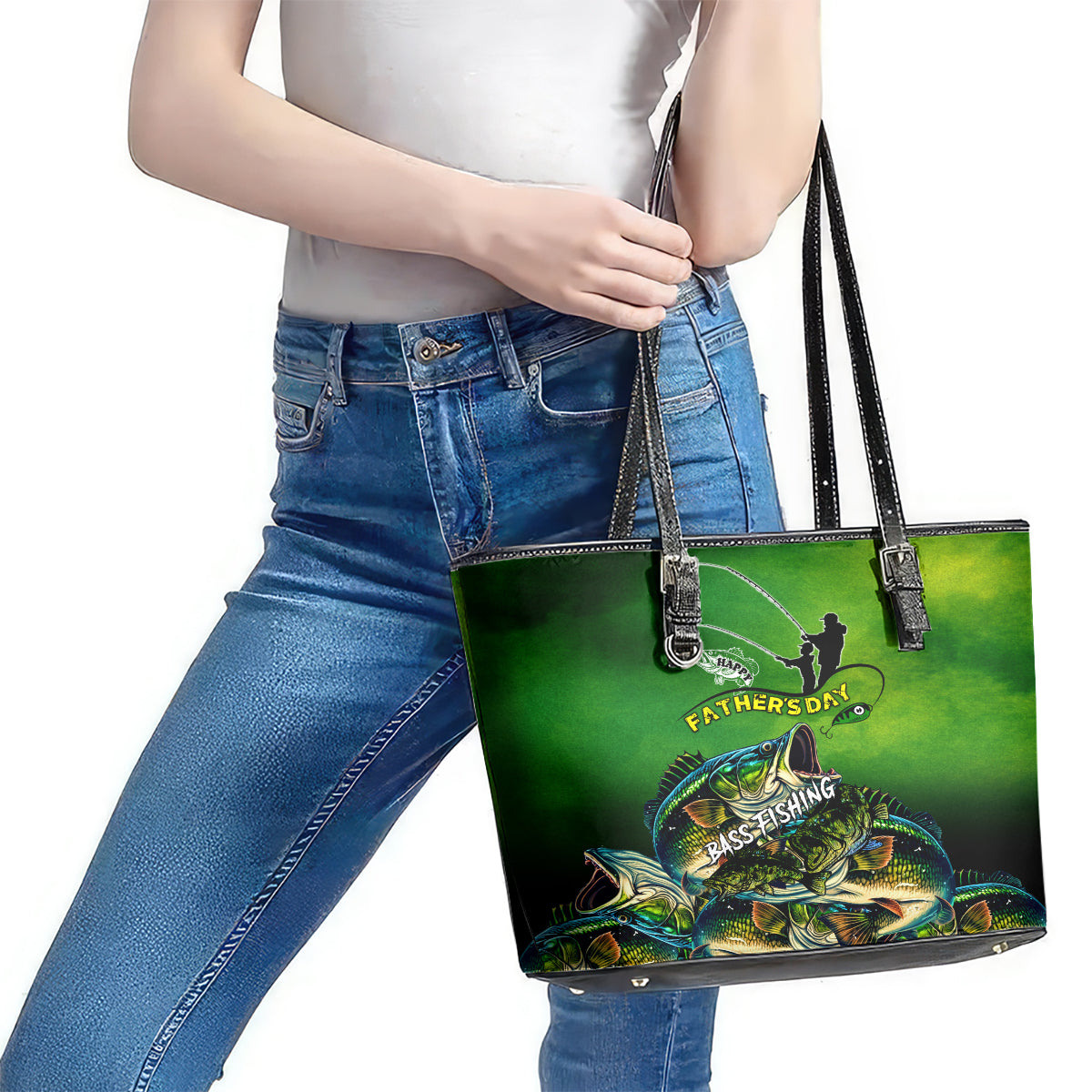 Father's Day Bass Fishing Leather Tote Bag Best Dad Ever DT02