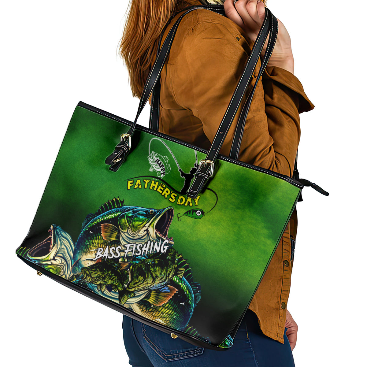 Father's Day Bass Fishing Leather Tote Bag Best Dad Ever DT02