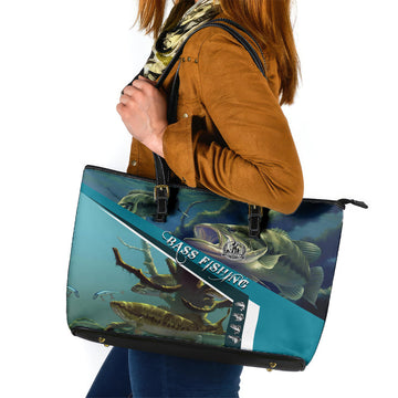 Happy Father's Day Bass Fishing Leather Tote Bag Dad and Son DT02
