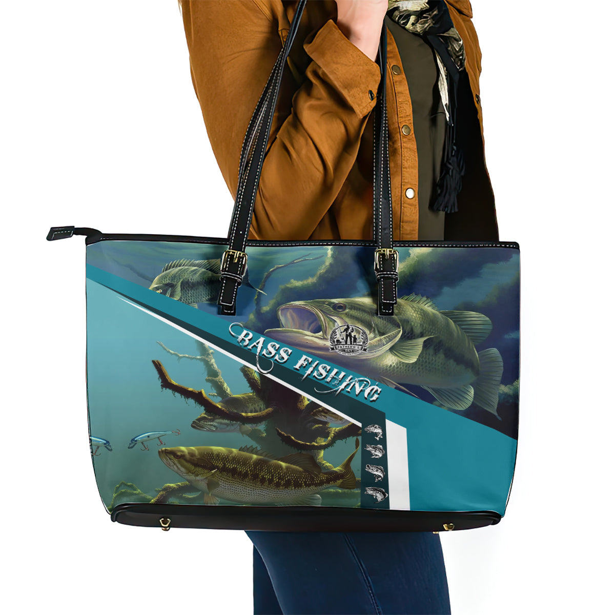 Happy Father's Day Bass Fishing Leather Tote Bag Dad and Son DT02