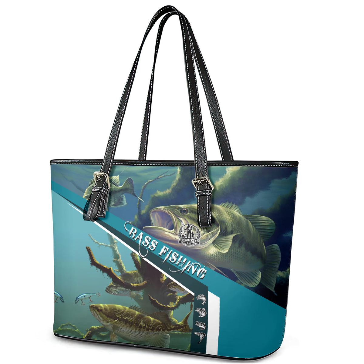 Happy Father's Day Bass Fishing Leather Tote Bag Dad and Son DT02
