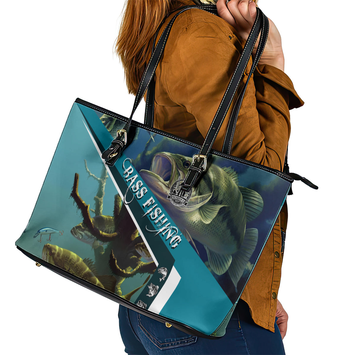 Happy Father's Day Bass Fishing Leather Tote Bag Dad and Son DT02