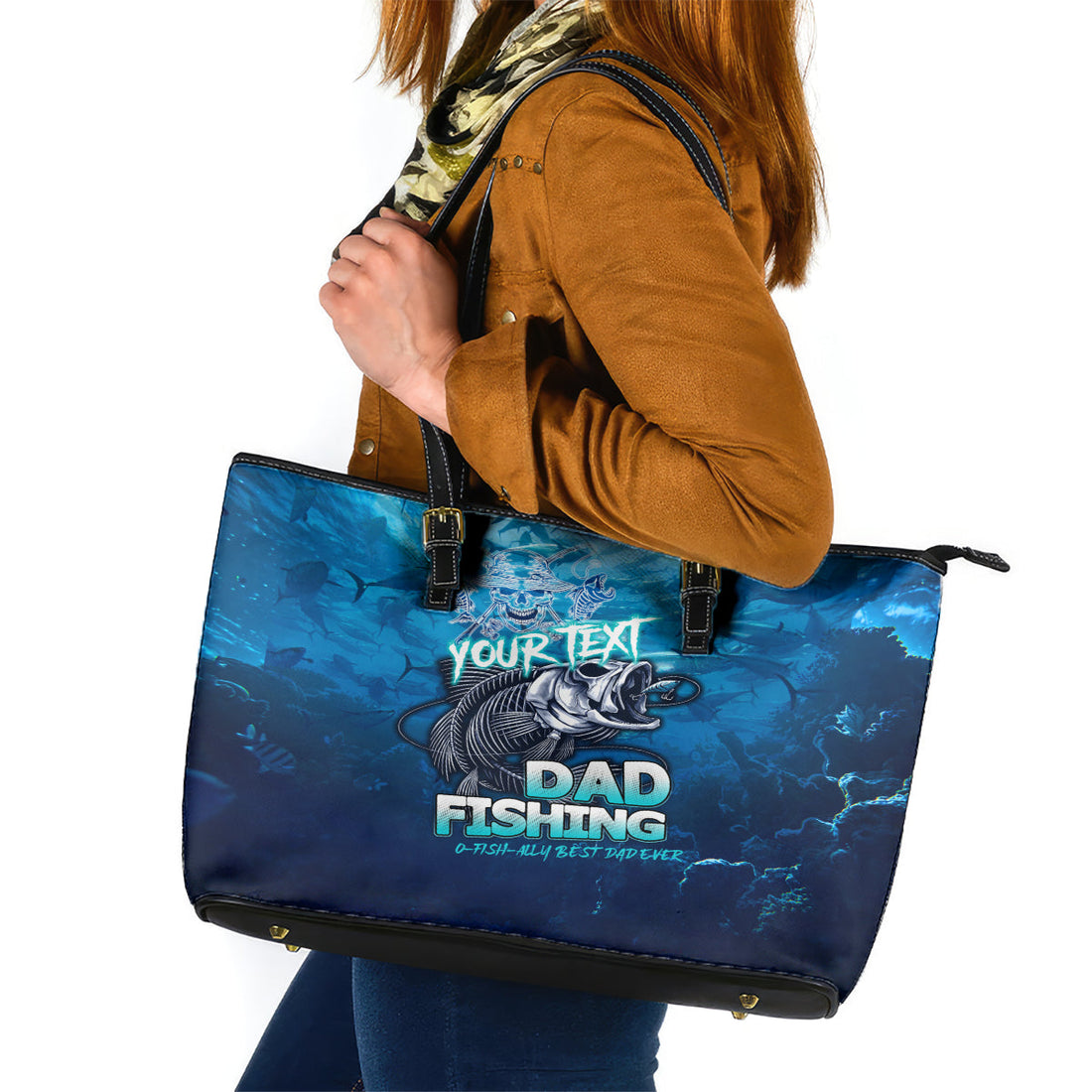 Personalized Father's Day Dad Fishing Skull Fisherman Leather Tote Bag O Fish Ally Best Dad Ever DT02