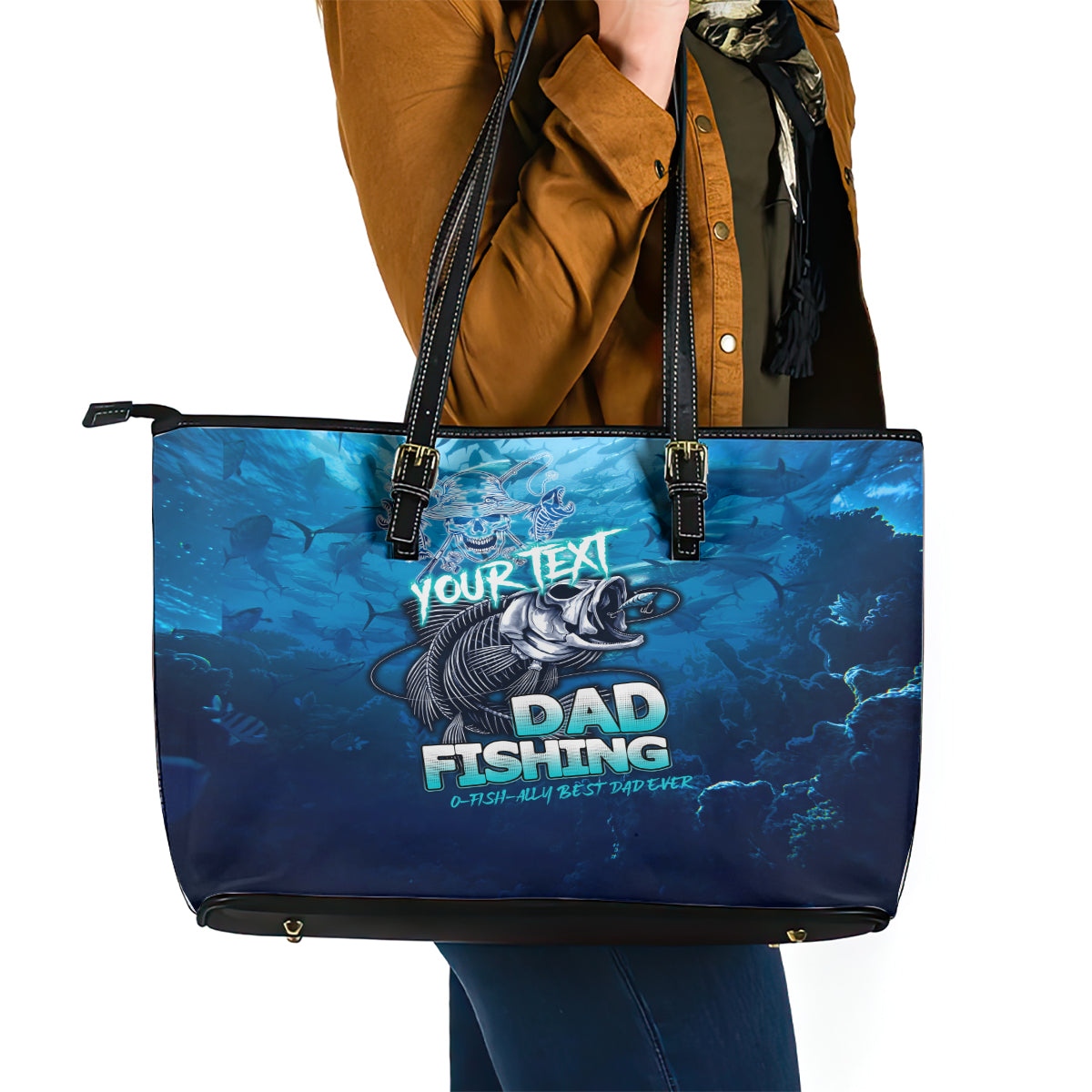 Personalized Father's Day Dad Fishing Skull Fisherman Leather Tote Bag O Fish Ally Best Dad Ever DT02