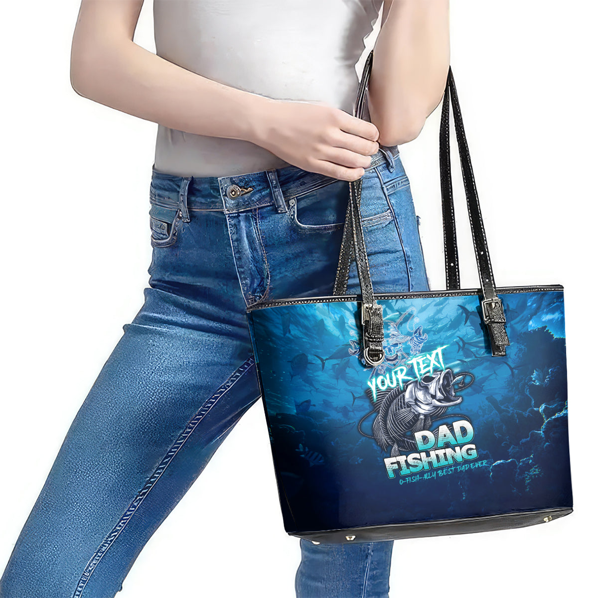 Personalized Father's Day Dad Fishing Skull Fisherman Leather Tote Bag O Fish Ally Best Dad Ever DT02