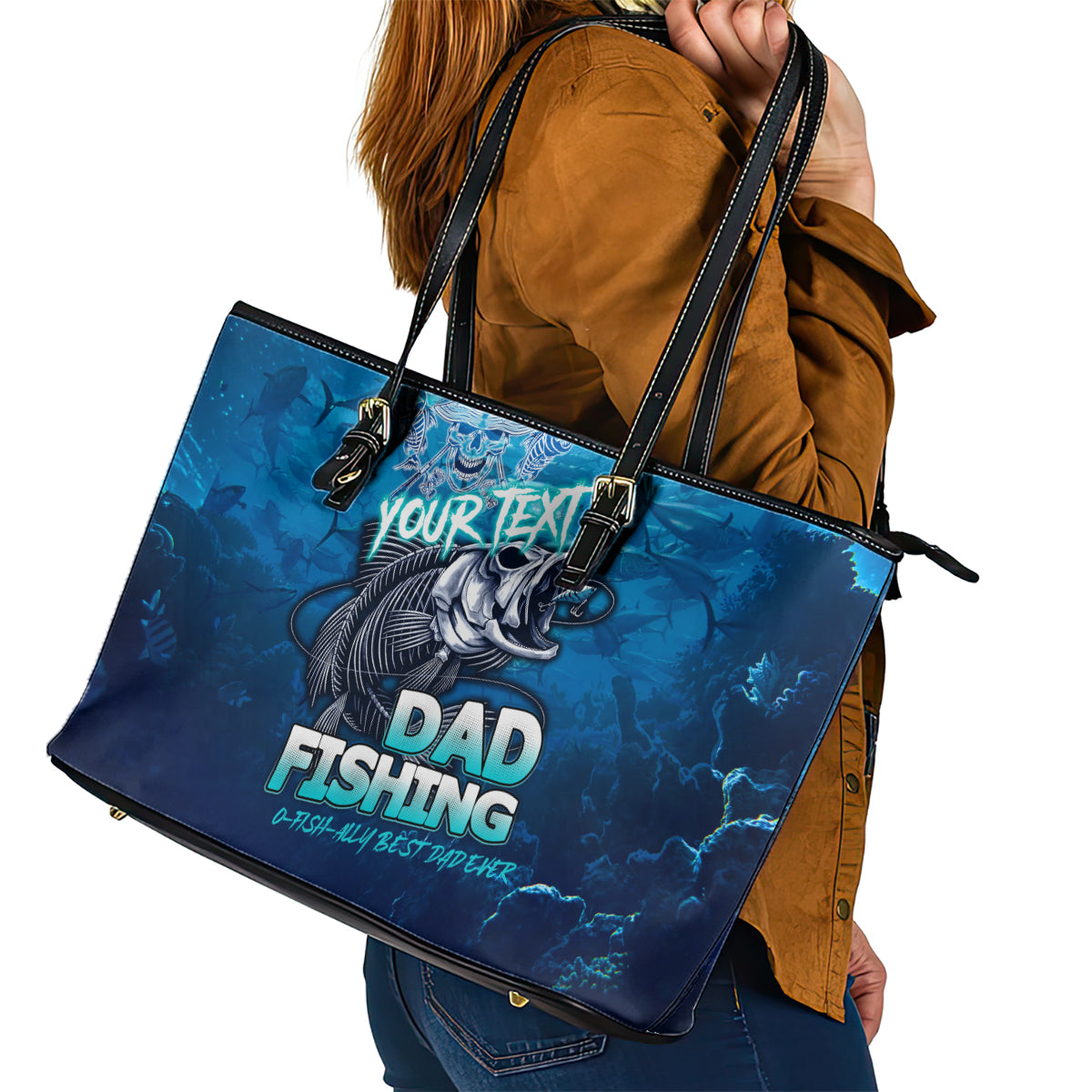 Personalized Father's Day Dad Fishing Skull Fisherman Leather Tote Bag O Fish Ally Best Dad Ever DT02