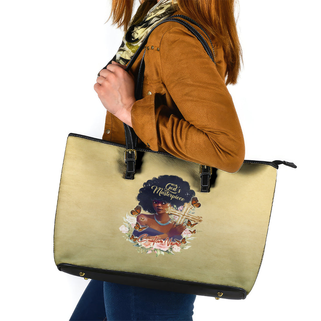 Personalized I Am God's Masterpiece Leather Tote Bag African Women DT02