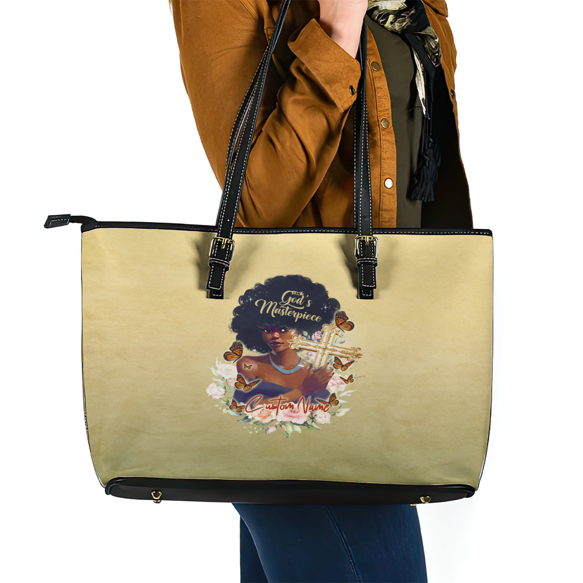 Personalized I Am God's Masterpiece Leather Tote Bag African Women DT02