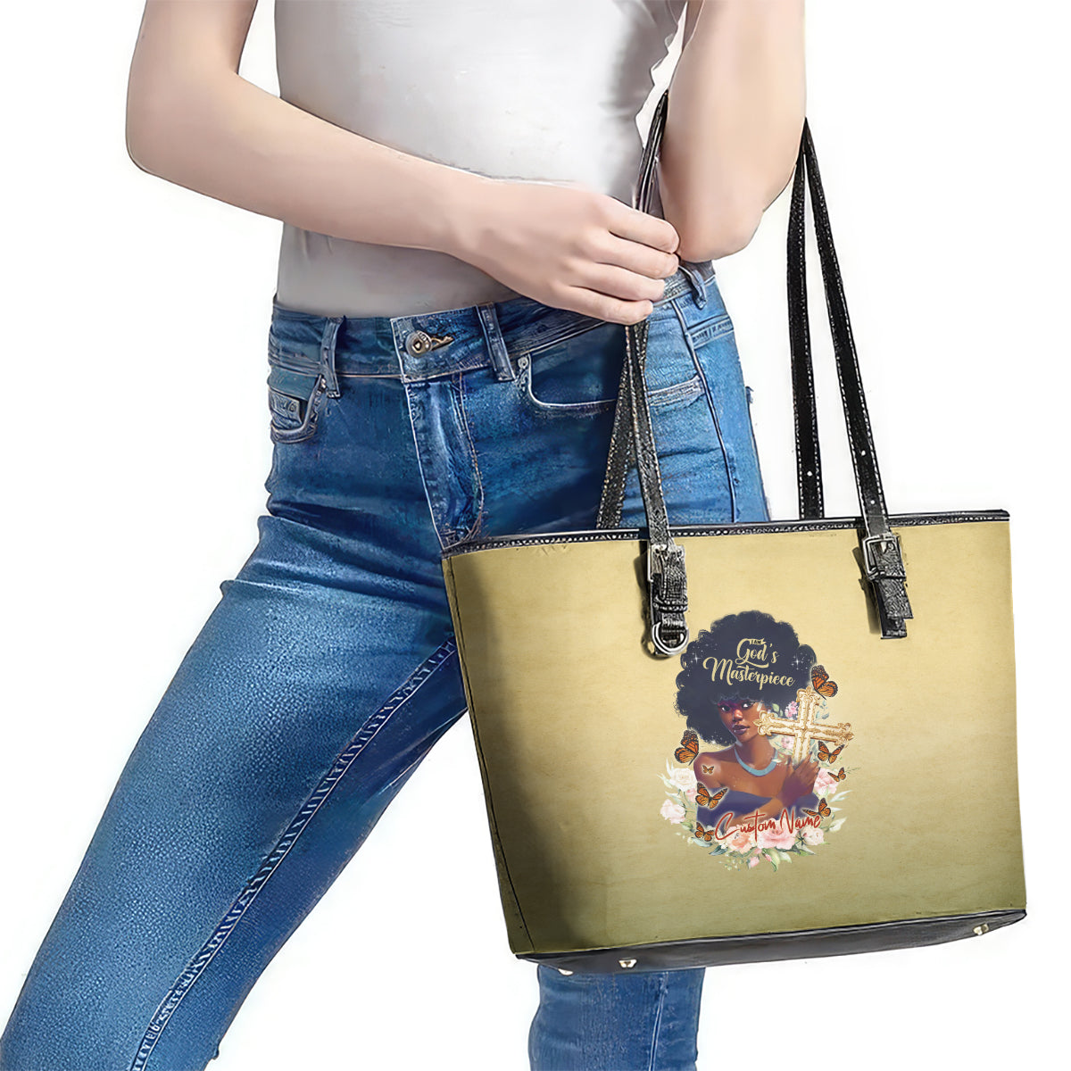 Personalized I Am God's Masterpiece Leather Tote Bag African Women DT02