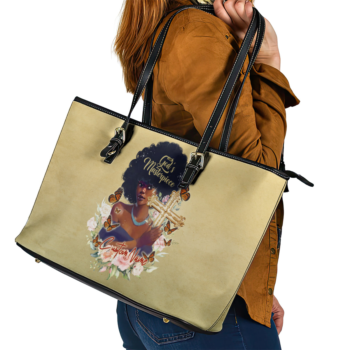 Personalized I Am God's Masterpiece Leather Tote Bag African Women DT02