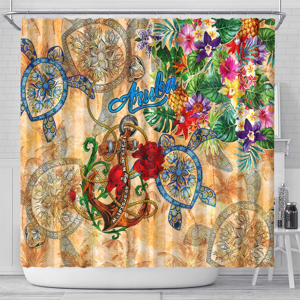 Aruba Shower Curtain Geographic Coordinate Anchor - Turlte Tropical DT02