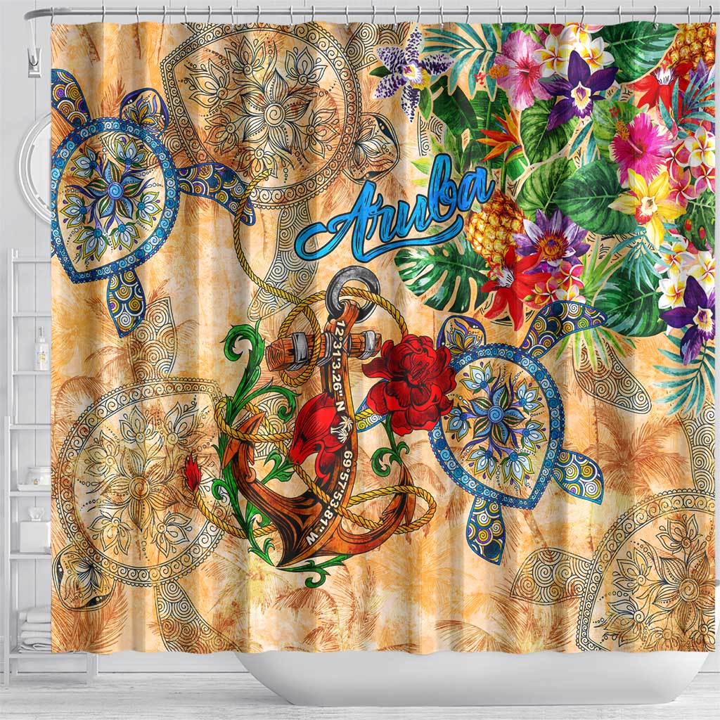 Aruba Shower Curtain Geographic Coordinate Anchor - Turlte Tropical DT02
