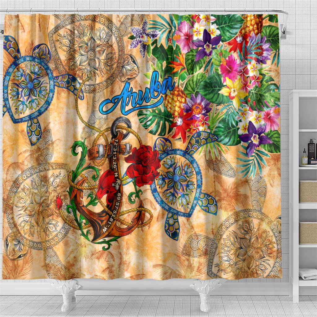 Aruba Shower Curtain Geographic Coordinate Anchor - Turlte Tropical DT02