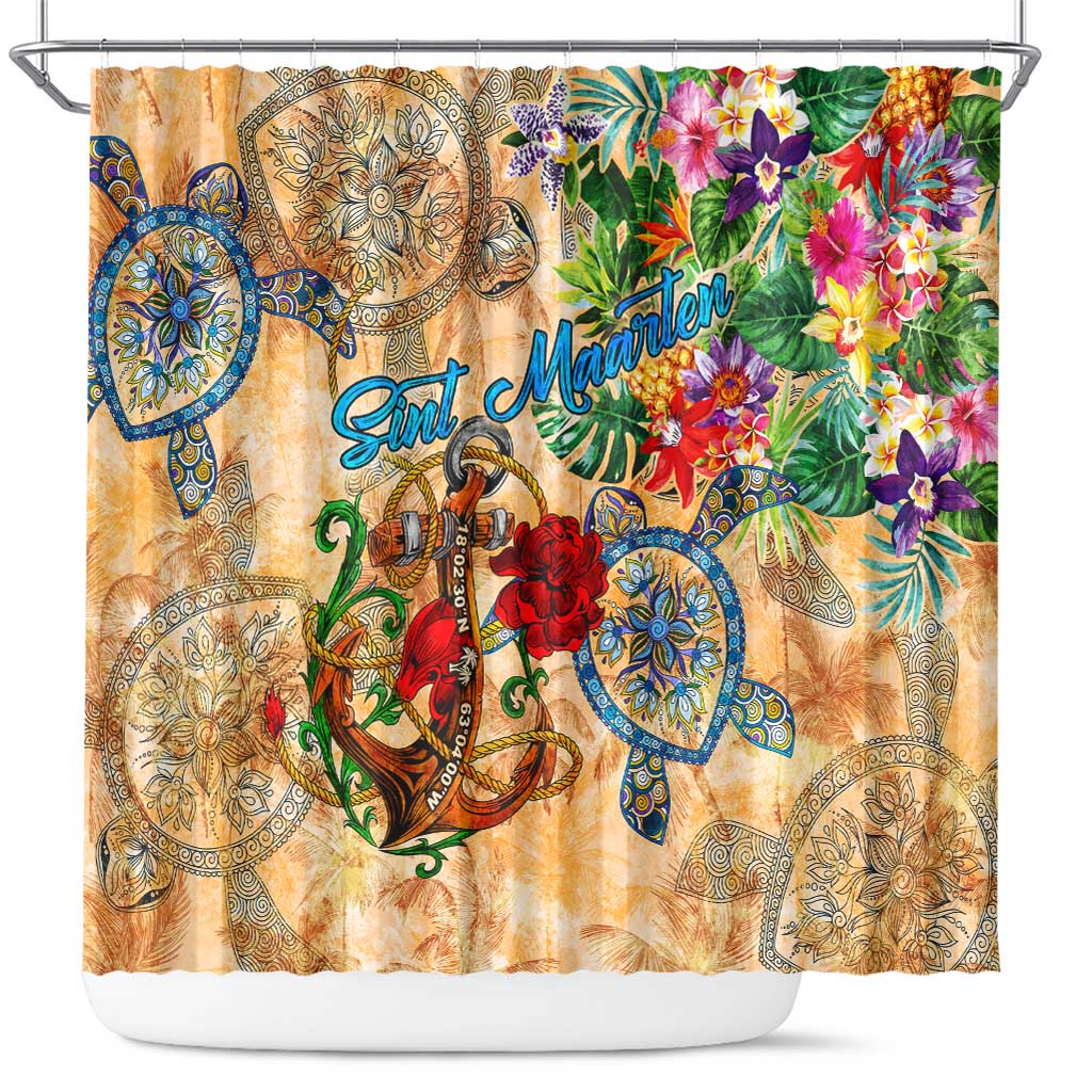 Sint Maarten Shower Curtain Geographic Coordinate Anchor - Turlte Tropical DT02