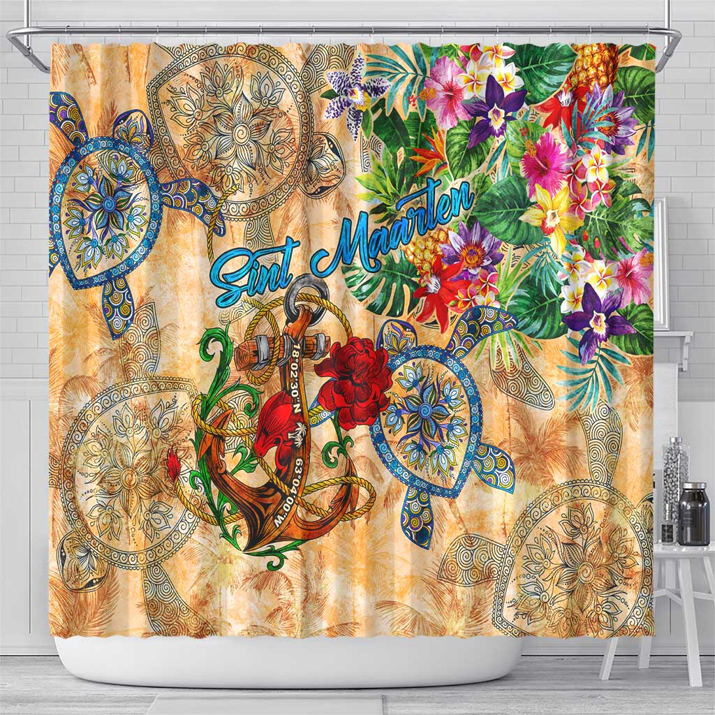 Sint Maarten Shower Curtain Geographic Coordinate Anchor - Turlte Tropical DT02