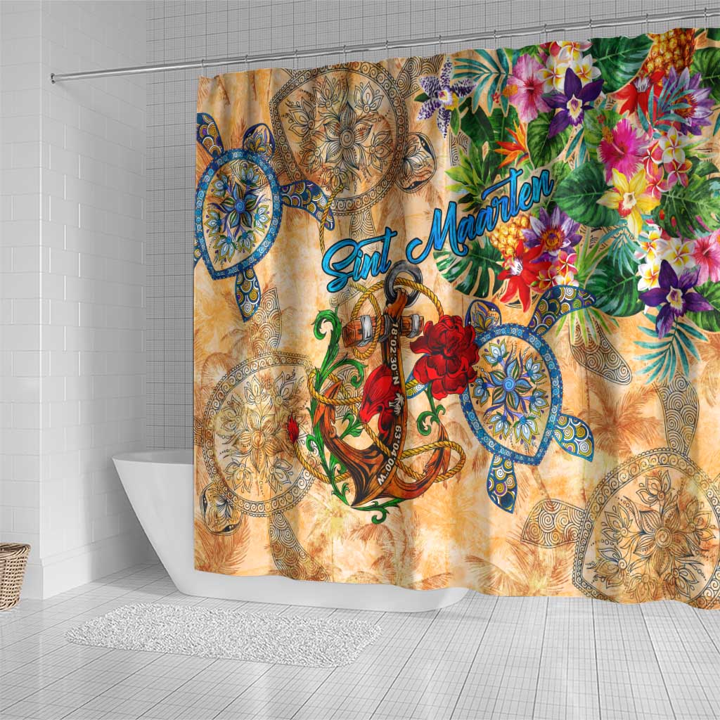 Sint Maarten Shower Curtain Geographic Coordinate Anchor - Turlte Tropical DT02