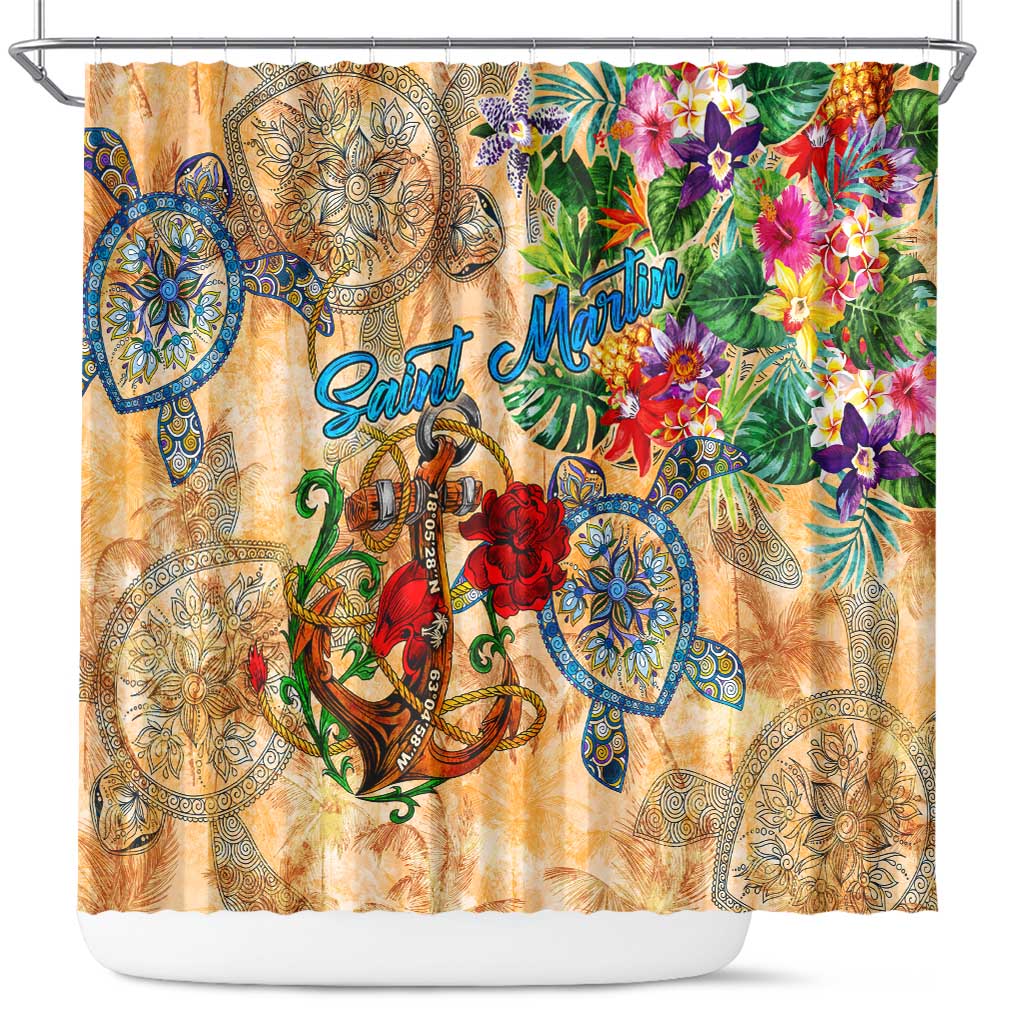 Saint Martin Shower Curtain Geographic Coordinate Anchor - Turlte Tropical DT02