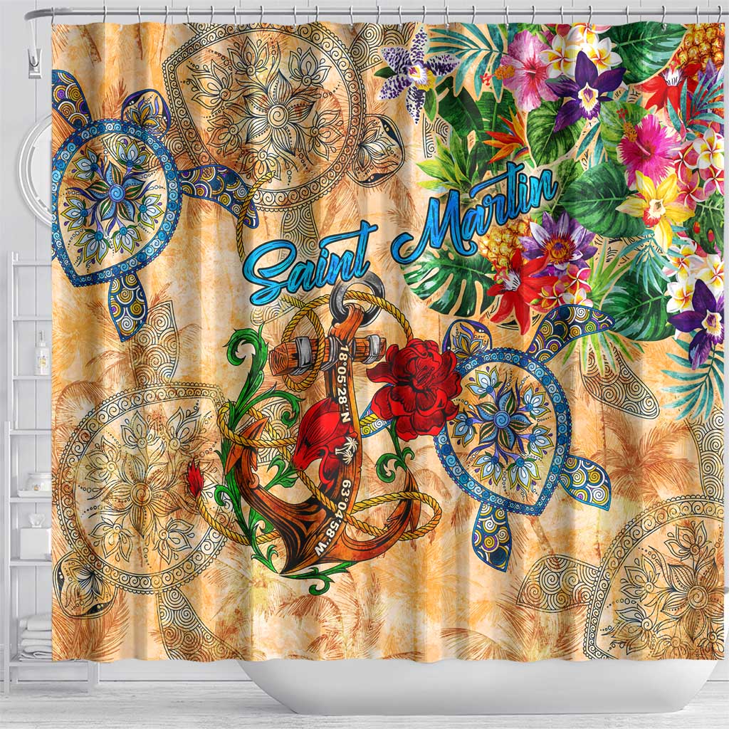 Saint Martin Shower Curtain Geographic Coordinate Anchor - Turlte Tropical DT02