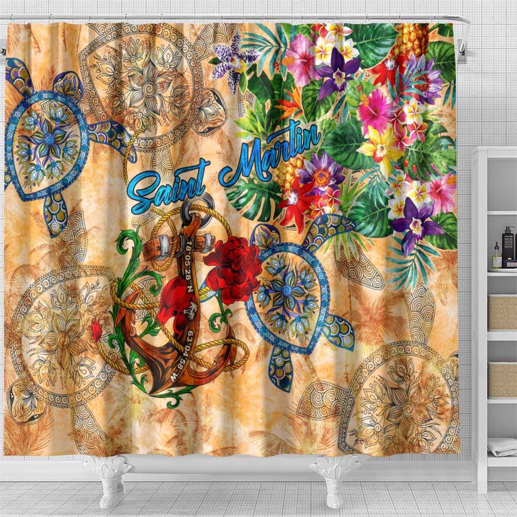 Saint Martin Shower Curtain Geographic Coordinate Anchor - Turlte Tropical DT02
