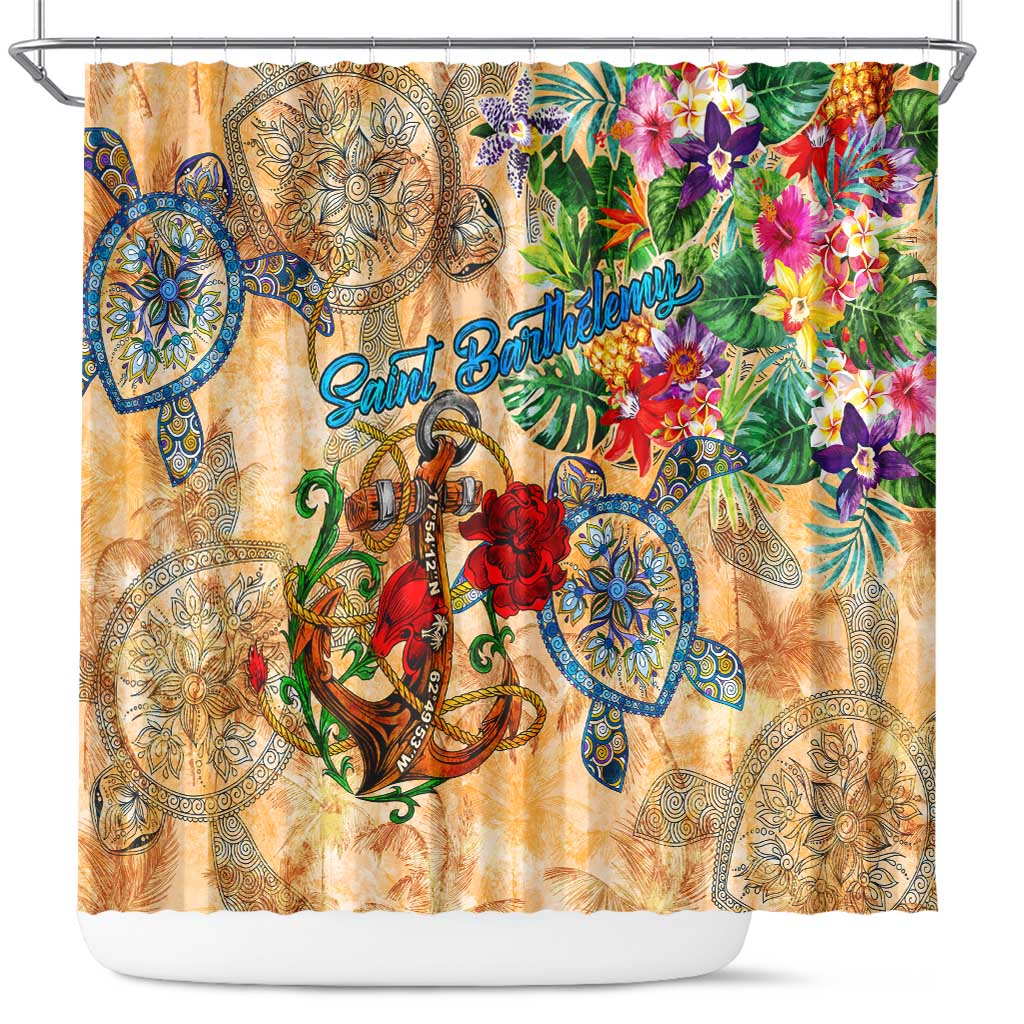 Saint Barthelemy Shower Curtain Geographic Coordinate Anchor - Turlte Tropical DT02
