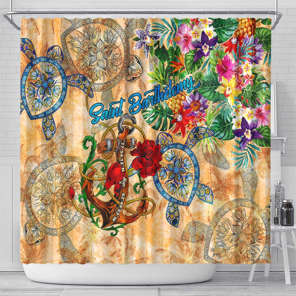 Saint Barthelemy Shower Curtain Geographic Coordinate Anchor - Turlte Tropical DT02