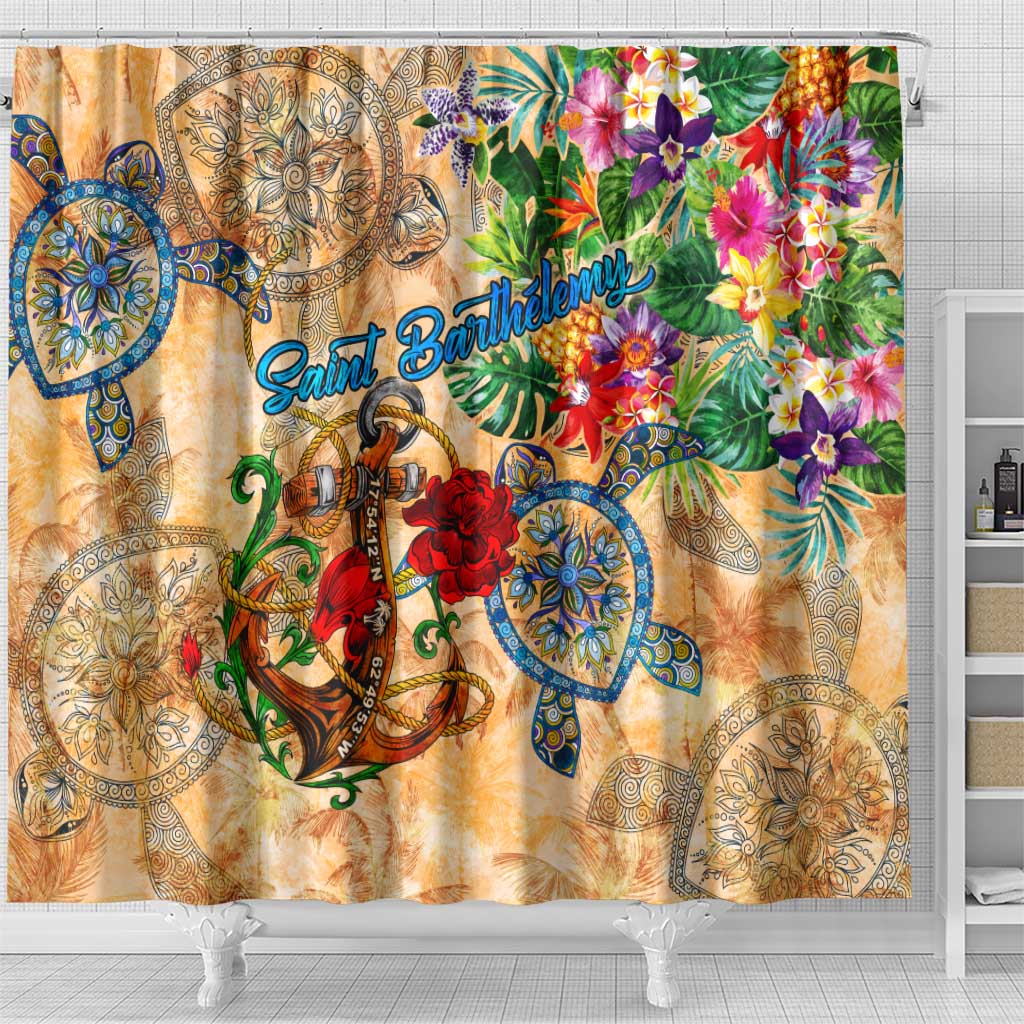 Saint Barthelemy Shower Curtain Geographic Coordinate Anchor - Turlte Tropical DT02