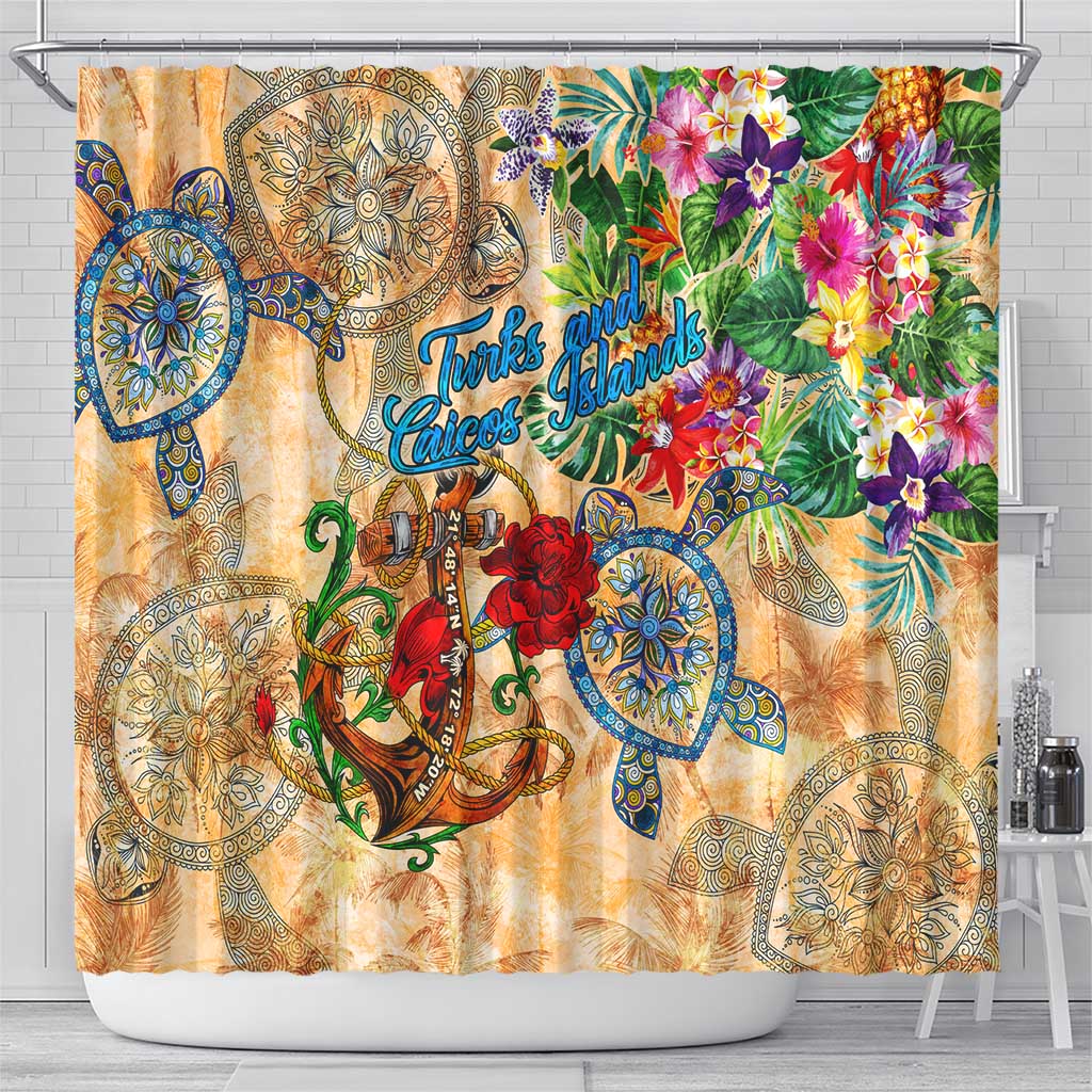 Turks and Caicos Islands Shower Curtain Geographic Coordinate Anchor - Turlte Tropical DT02