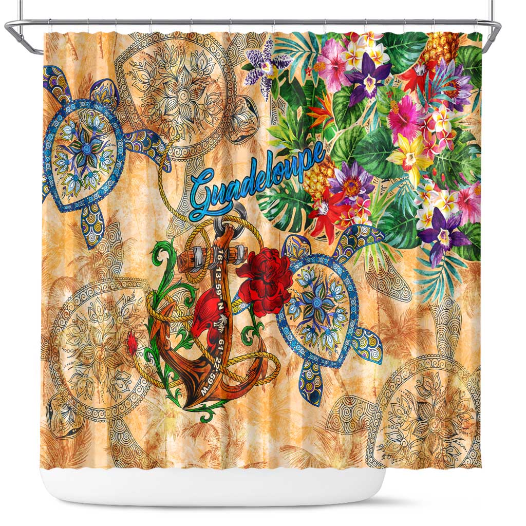 Guadeloupe Shower Curtain Geographic Coordinate Anchor - Turlte Tropical DT02