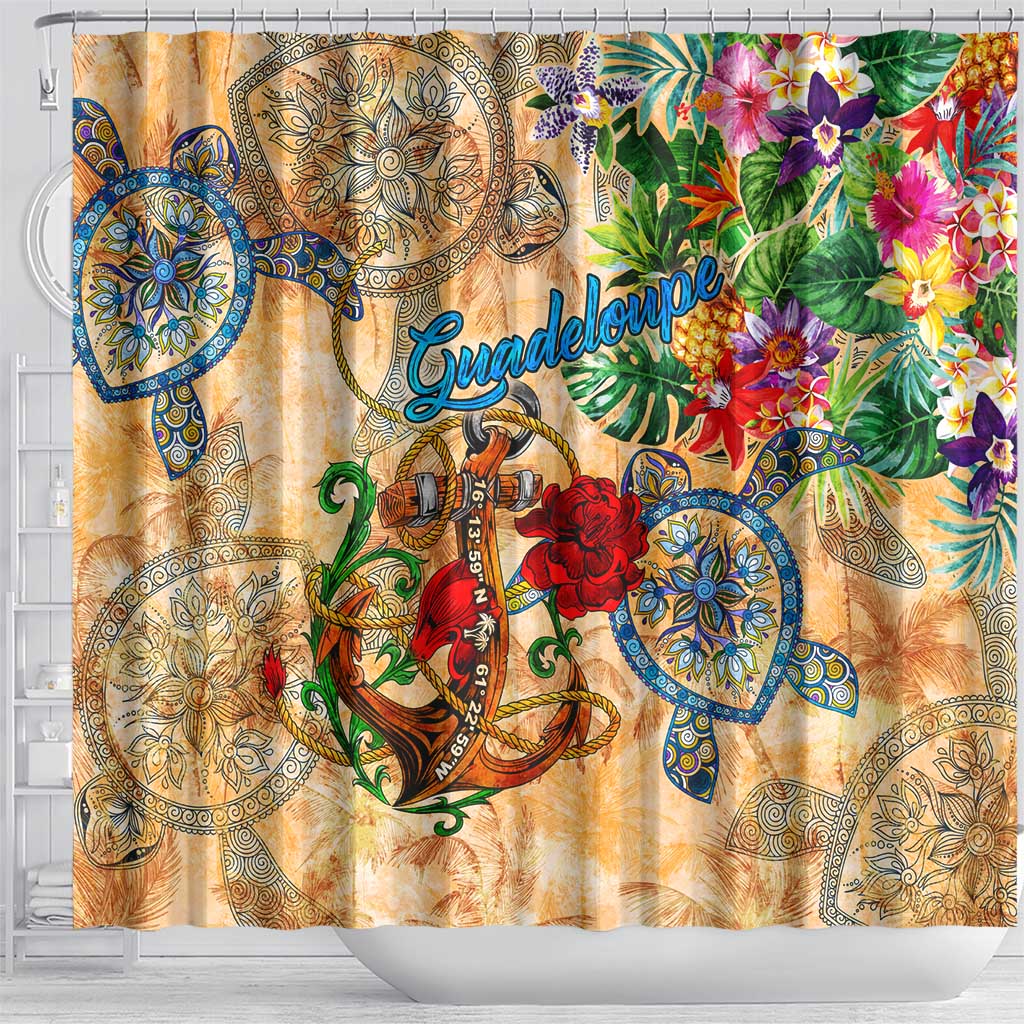 Guadeloupe Shower Curtain Geographic Coordinate Anchor - Turlte Tropical DT02