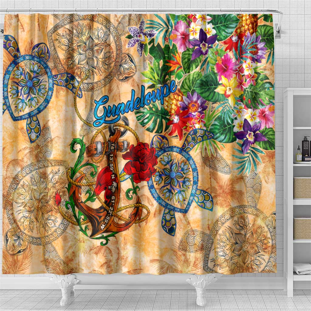 Guadeloupe Shower Curtain Geographic Coordinate Anchor - Turlte Tropical DT02