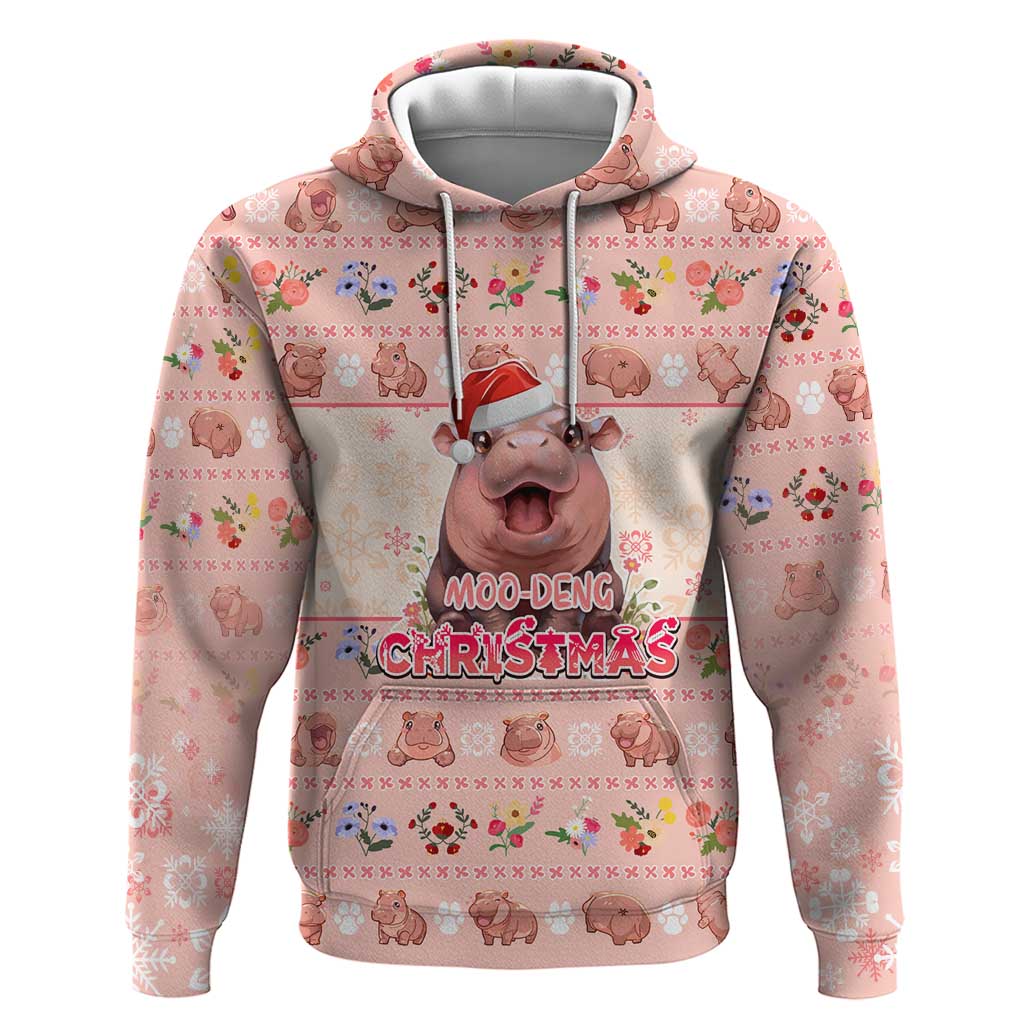 Moodeng Christmas Hoodie Cute Hippo Holiday with Pastel Floral Festive Vibes DT02