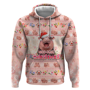 Moodeng Christmas Hoodie Cute Hippo Holiday with Pastel Floral Festive Vibes DT02