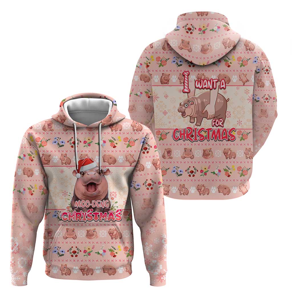 Moodeng Christmas Hoodie Cute Hippo Holiday with Pastel Floral Festive Vibes DT02