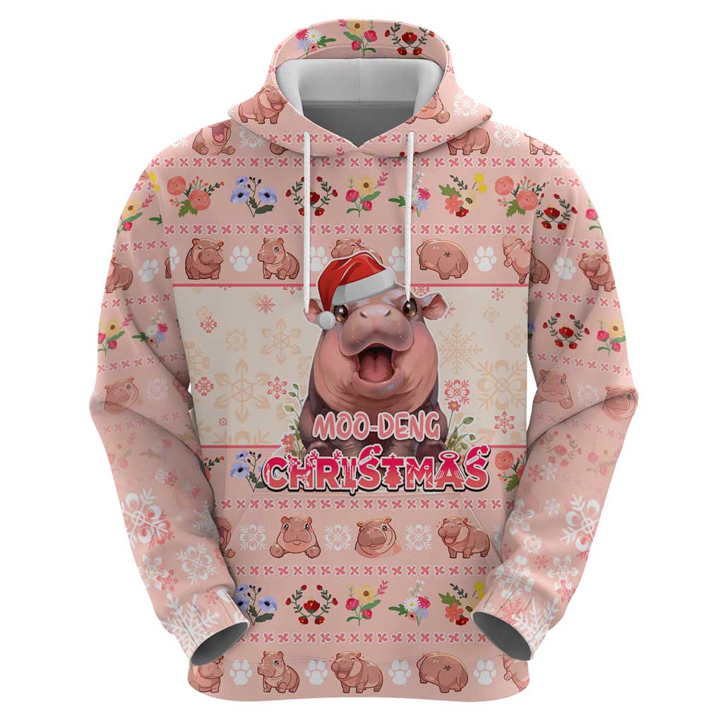 Moodeng Christmas Hoodie Cute Hippo Holiday with Pastel Floral Festive Vibes DT02