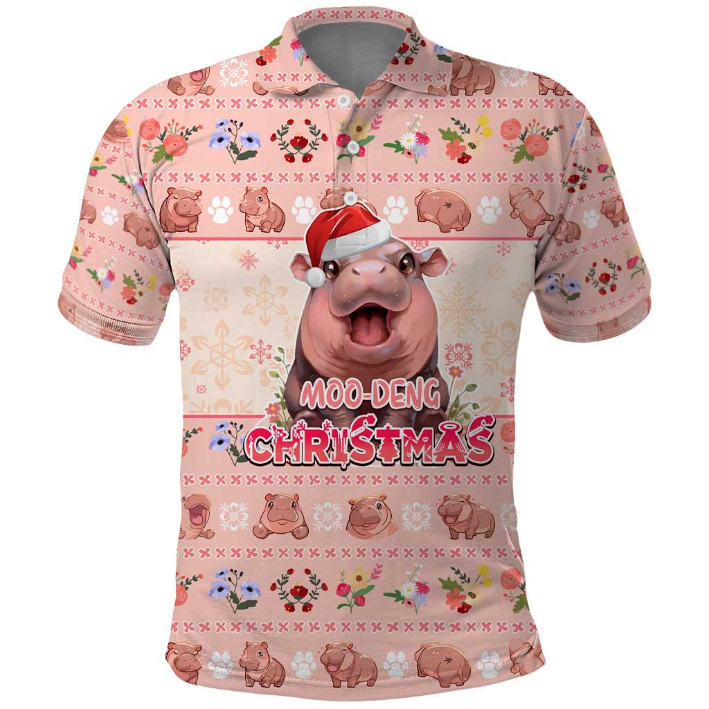 Moodeng Christmas Polo Shirt Cute Hippo Holiday with Pastel Floral Festive Vibes DT02
